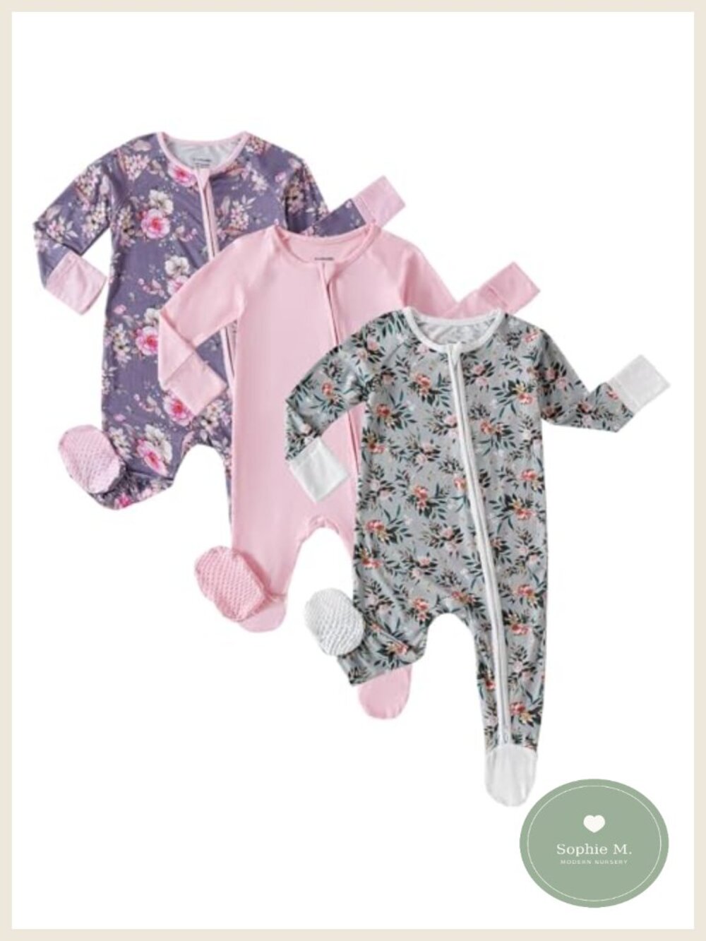 Newborn Baby Girl Footie Pajamas 3-Pack Rayon Spandex Long Sleeve Zipper
